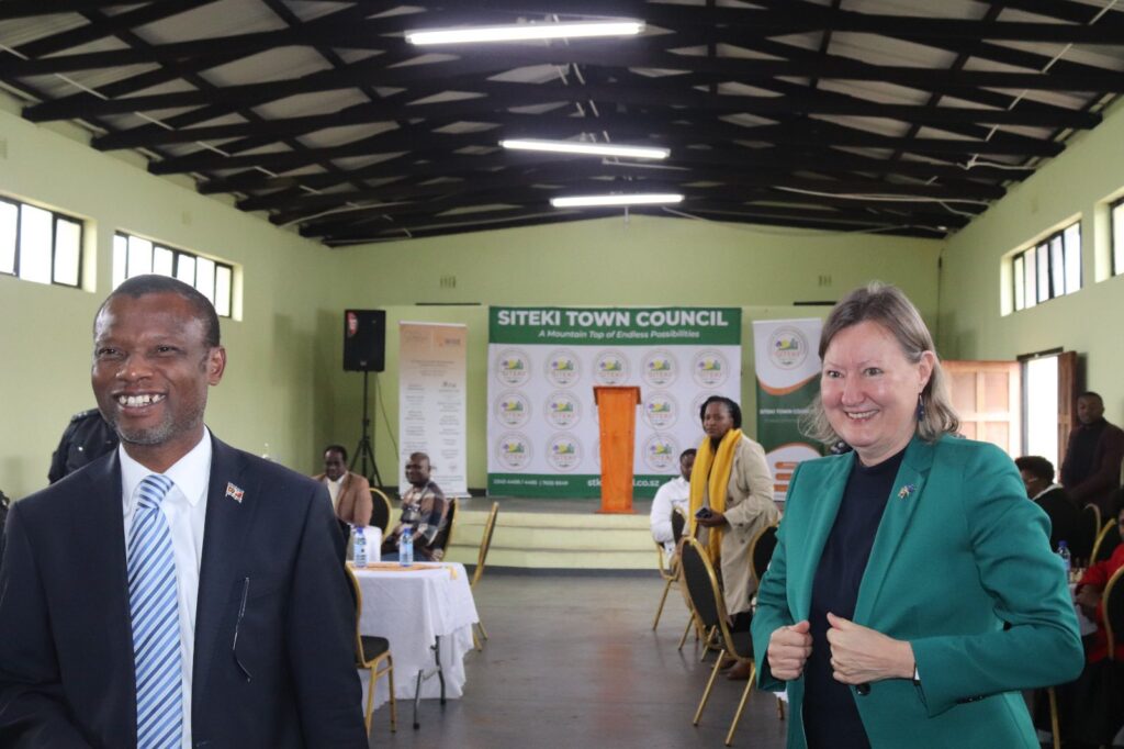 Minister for Housing and Urban Development Appolo Maphalala and EU Ambassador Eva Maria pictured together at Mawala Hall in Siteki during the official launch of the Sunrise Civic Center, the iRise Business Hub, and the Siteki Business Directory.