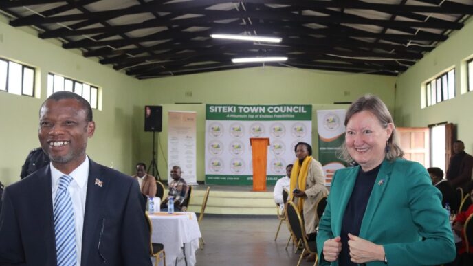 Minister for Housing and Urban Development Appolo Maphalala and EU Ambassador Eva Maria pictured together at Mawala Hall in Siteki during the official launch of the Sunrise Civic Center, the iRise Business Hub, and the Siteki Business Directory.