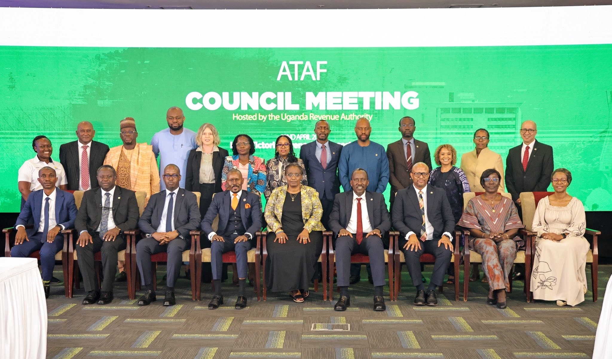 Commissioner Generals and senior tax representatives from Namibia, Burundi, South Africa, Rwanda, Botswana, Burkina Faso and Nigeria gather at the Lake Victoria Serena Golf Resort and Spa in Entebbe, Uganda, during the African Tax Administration Forum ordinary council meeting on April 22, 2026.