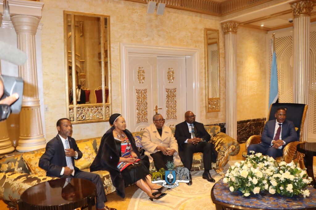 Prime Minister Russell Dlamini and Minister of Foreign Affairs and International Cooperation Pholile Shakantu welcome Botswana President Duma Boko at King Mswati III International Airport on Thursday evening, ahead of His Majesty King Mswati III's 58th birthday anniversary and Ruby Jubilee celebrations.