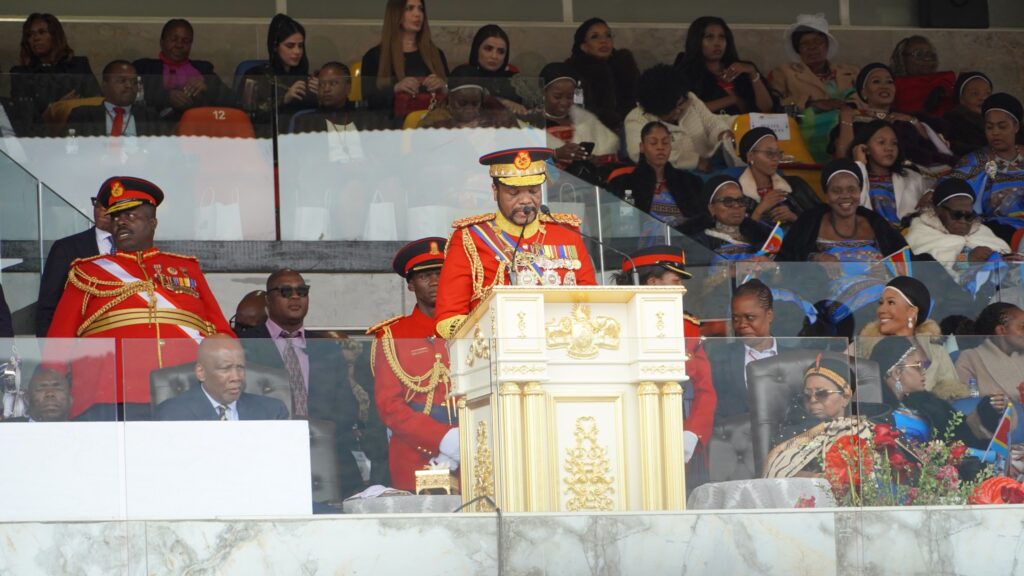 King Mswati III addresses thousands of emaSwati gathered at Somhlolo National Stadium during Ruby Jubilee celebrations marking 40 years of his reign and his 58th birthday on Friday, April 25, 2026.