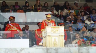 King Mswati III addresses thousands of emaSwati gathered at Somhlolo National Stadium during Ruby Jubilee celebrations marking 40 years of his reign and his 58th birthday on Friday, April 25, 2026.
