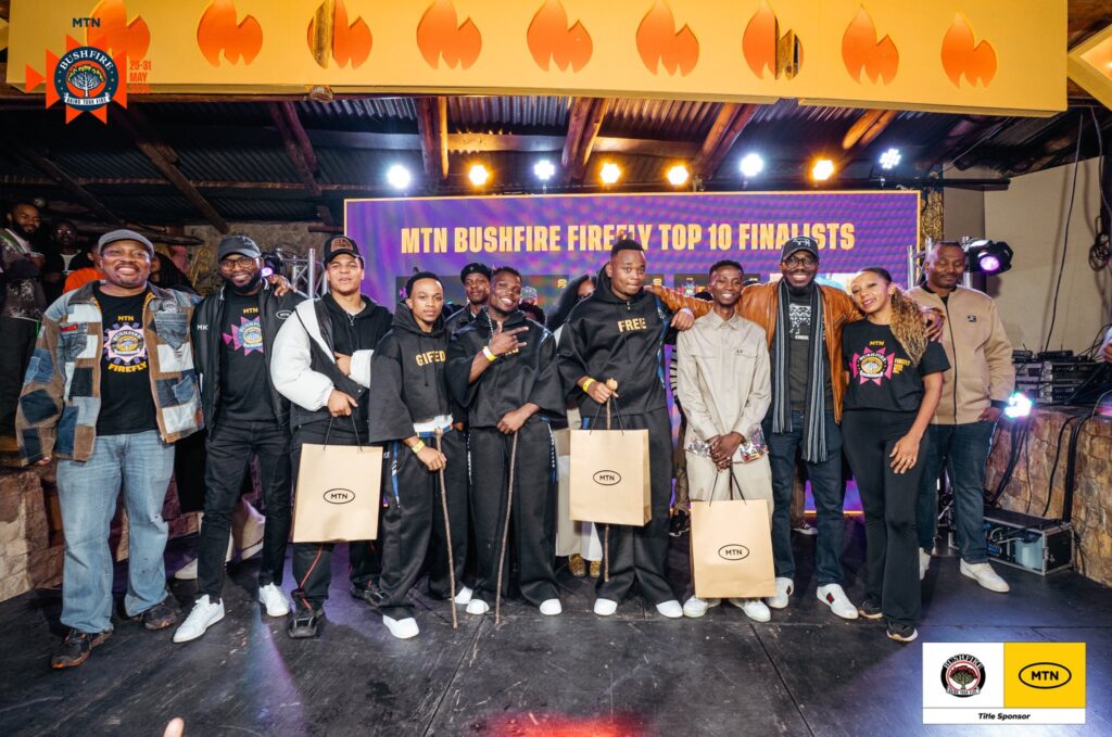 MCO Jamrock, Emagagu and JD pose after being crowned the top three at the MTN Bushfire Firefly Finale at House on Fire, securing their spots on the Bushfire stage from May 29 to 31.