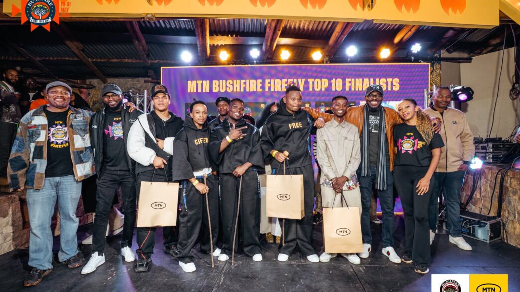 MCO Jamrock, Emagagu and JD pose after being crowned the top three at the MTN Bushfire Firefly Finale at House on Fire, securing their spots on the Bushfire stage from May 29 to 31.