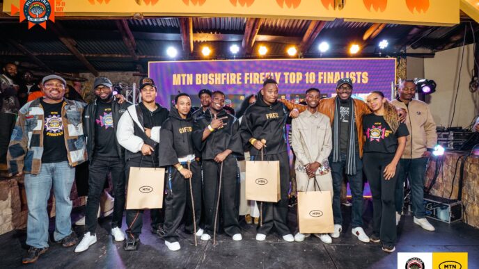 MCO Jamrock, Emagagu and JD pose after being crowned the top three at the MTN Bushfire Firefly Finale at House on Fire, securing their spots on the Bushfire stage from May 29 to 31.