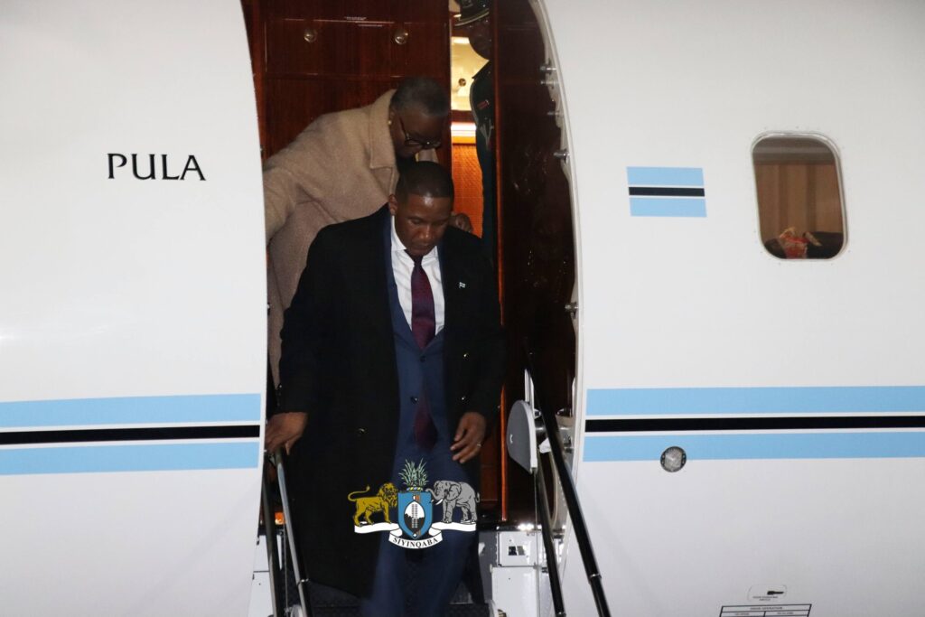 Botswana President Duma Boko steps off the plane at King Mswati III International Airport on Thursday evening, arriving in the Kingdom of Eswatini for His Majesty King Mswati III's 58th birthday anniversary and the Ruby Jubilee of his reign.