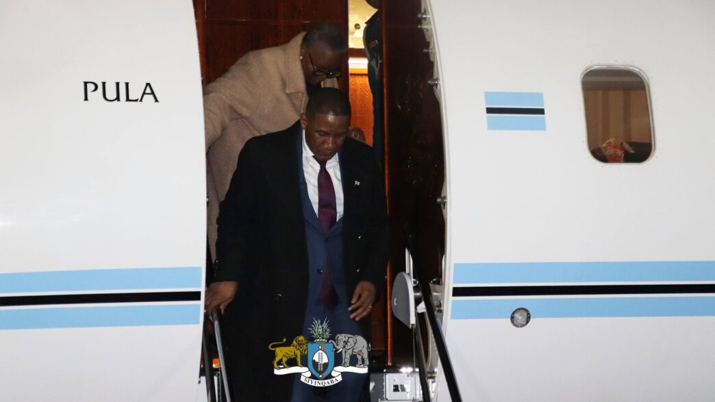 Botswana President Duma Boko steps off the plane at King Mswati III International Airport on Thursday evening, arriving in the Kingdom of Eswatini for His Majesty King Mswati III's 58th birthday anniversary and the Ruby Jubilee of his reign.