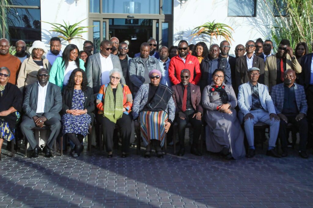 Namibian President Netumbo Nandi-Ndaitwah pictured with government officials, industry leaders, workers and union representatives following consultations on the future of Namibia's fishing sector,