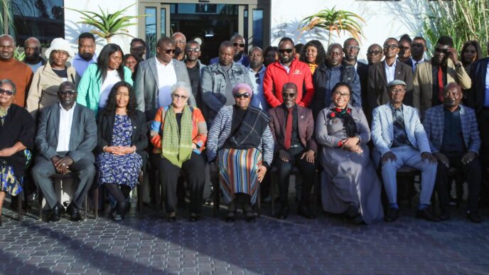 Namibian President Netumbo Nandi-Ndaitwah pictured with government officials, industry leaders, workers and union representatives following consultations on the future of Namibia's fishing sector,