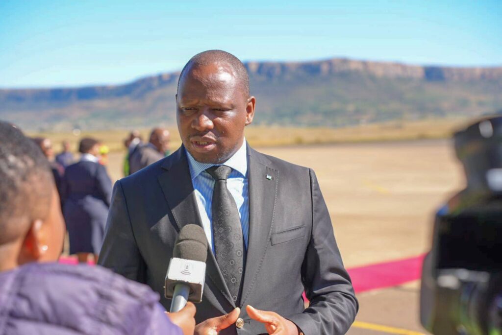 Lesotho's Minister of Foreign Affairs and International Relations Lejone Mpotjoane speaks to the media following the return of Their Majesties King Letsie III and Queen Masenate Mohato Seeiso from Eswatini
