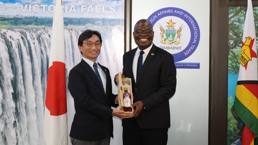 Zimbabwean Foreign Affairs and International Trade Minister Professor Amon Murwira pictured with outgoing JICA Zimbabwe Resident Representative Shigeki Furuta during a farewell courtesy call at the Munhumutapa Offices in Harare on Monday.