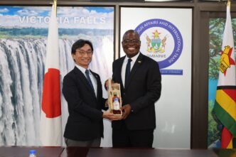 Zimbabwean Foreign Affairs and International Trade Minister Professor Amon Murwira pictured with outgoing JICA Zimbabwe Resident Representative Shigeki Furuta during a farewell courtesy call at the Munhumutapa Offices in Harare on Monday.