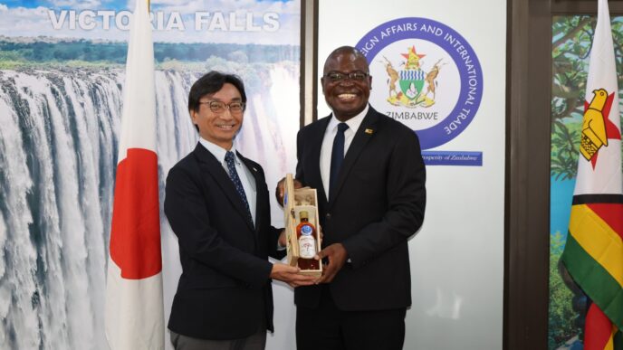 Zimbabwean Foreign Affairs and International Trade Minister Professor Amon Murwira pictured with outgoing JICA Zimbabwe Resident Representative Shigeki Furuta during a farewell courtesy call at the Munhumutapa Offices in Harare on Monday.