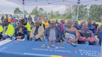 Minister of Tinkhundla Administration and Development Sikhumbuzo Dlamini, centre, joins Ministry of Public Works and Transport officials at Zamokuhle Primary School in Nkwene Inkhundla