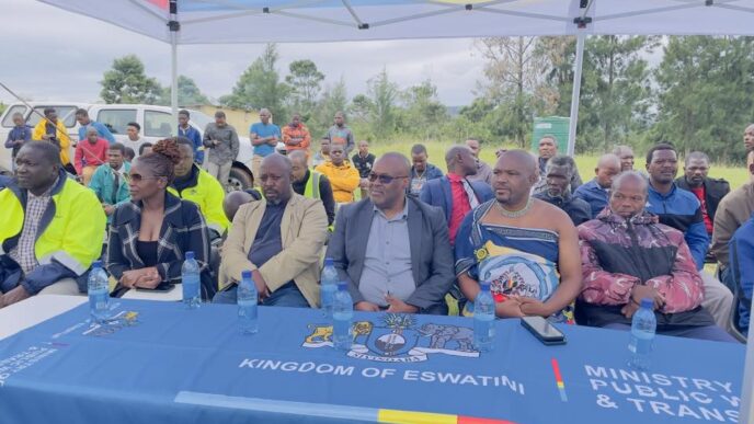 Minister of Tinkhundla Administration and Development Sikhumbuzo Dlamini, centre, joins Ministry of Public Works and Transport officials at Zamokuhle Primary School in Nkwene Inkhundla