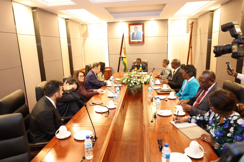 President Emmerson Dambudzo Mnangagwa and UN Tourism Secretary-General Shaikha Al Nowais pictured with delegates during their meeting at the Munhumutapa offices in Harare,