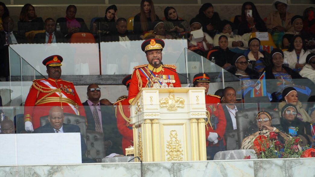 King Mswati III addresses thousands of emaSwati gathered at Somhlolo National Stadium during the Ruby Jubilee celebrations marking 40 years of his reign and his 58th birthday on Friday
