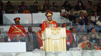 King Mswati III addresses thousands of emaSwati gathered at Somhlolo National Stadium during the Ruby Jubilee celebrations marking 40 years of his reign and his 58th birthday on Friday