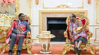His Majesty King Mswati III receives Zambian President Hakainde Hichilema at the Royal Palace in Eswatini.