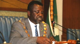 Walvis Bay Mayor Johannes Shimbilinga addresses councillors at the Ordinary Council Meeting on 28 April 2026. Photo: Municipality of Walvis Bay