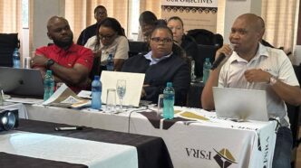 FSRA Chief Executive Officer Ncamiso Ntshalintshali and General Manager for Supervision Mbongeni Nkambule address members of the media at Nkonyeni Golf Estate. Photo by Eswatini TV