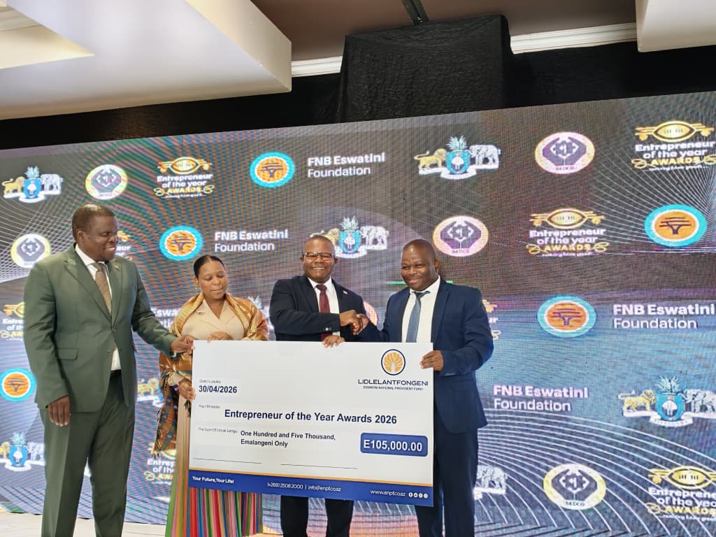 Eswatini National Provident Fund representatives present a E105,000 sponsorship cheque to organisers at the launch of the 20th Entrepreneur of the Year Awards at Royal Villas, Ezulwini.