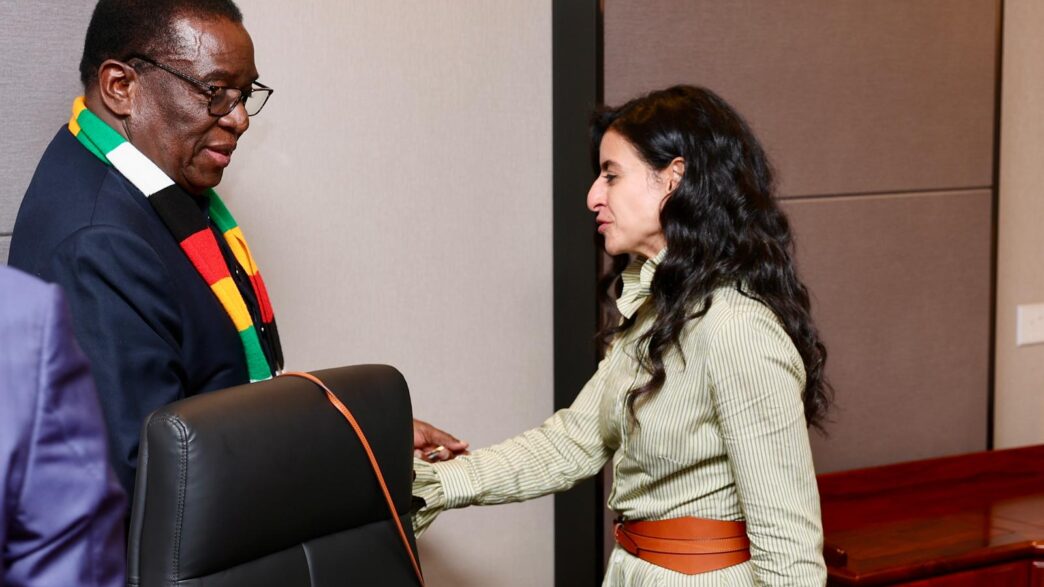 Zimbabwean President Emmerson Dambudzo Mnangagwa meets with UN Tourism Secretary-General Shaikha Al Nowais at his Munhumutapa offices in Harare on Monday,