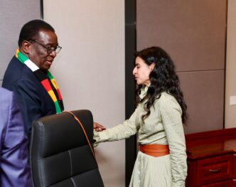Zimbabwean President Emmerson Dambudzo Mnangagwa meets with UN Tourism Secretary-General Shaikha Al Nowais at his Munhumutapa offices in Harare on Monday,