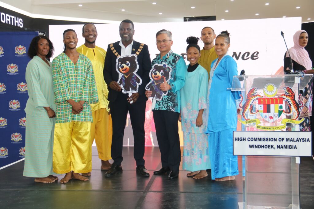 Walvis Bay Mayor Johannes Shimbilinga and Malaysian High Commissioner Khornelisman Jasri join performers at the Visit Malaysia Year 2026 promotional event held at Dunes Mall in Walvis Bay. Photo: Municipality of Walvis Bay