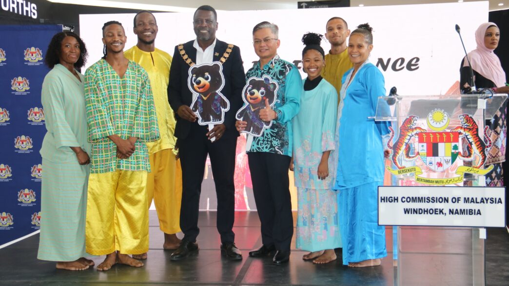 Walvis Bay Mayor Johannes Shimbilinga and Malaysian High Commissioner Khornelisman Jasri join performers at the Visit Malaysia Year 2026 promotional event held at Dunes Mall in Walvis Bay. Photo: Municipality of Walvis Bay