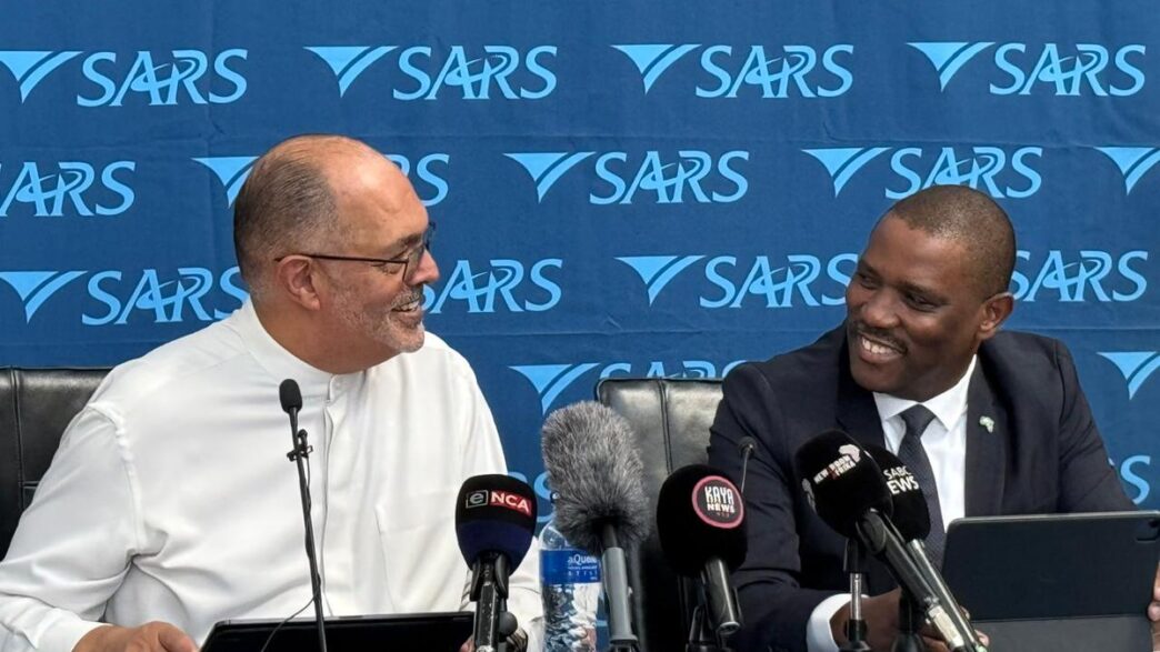 Dr Ngobani Johnstone Makhubu with outgoing SARS Commissioner Edward Kieswetter during the press conference announcing the leadership transition. Photo by X/@sarstax