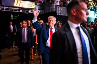 President Donald J. Trump arrives at UFC 327 and greets supporters during the high profile mixed martial arts event.