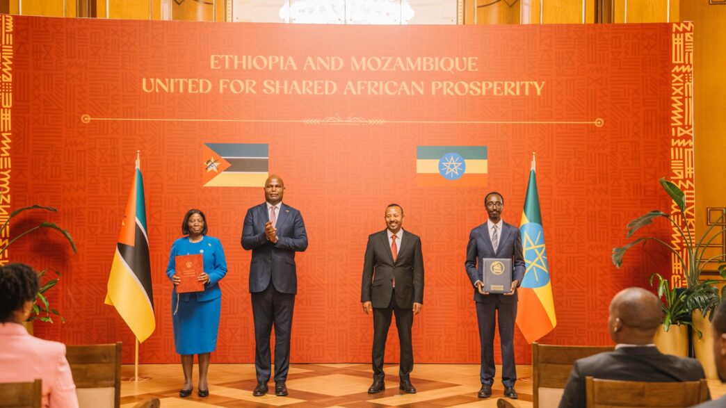 Mozambican President Daniel Francisco Chapo and Ethiopian Prime Minister Abiy Ahmed pictured with their respective representatives following the signing of a Memorandum of Understanding on digital identity and Public Digital Infrastructure in Addis Ababa on Monday.