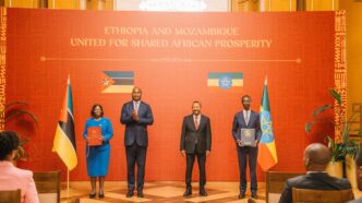 Mozambican President Daniel Francisco Chapo and Ethiopian Prime Minister Abiy Ahmed pictured with their respective representatives following the signing of a Memorandum of Understanding on digital identity and Public Digital Infrastructure in Addis Ababa on Monday.
