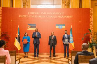 Mozambican President Daniel Francisco Chapo and Ethiopian Prime Minister Abiy Ahmed pictured with their respective representatives following the signing of a Memorandum of Understanding on digital identity and Public Digital Infrastructure in Addis Ababa on Monday.