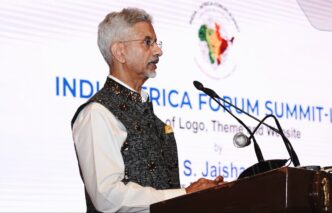 Indian External Affairs Minister Dr S. Jaishankar addresses African ambassadors and stakeholders during the launch of the fourth India-Africa Forum Summit logo, theme and website in New Delhi on April 23, 2026.