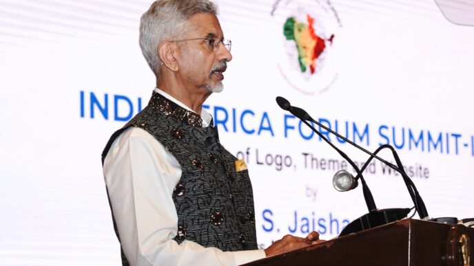 Indian External Affairs Minister Dr S. Jaishankar addresses African ambassadors and stakeholders during the launch of the fourth India-Africa Forum Summit logo, theme and website in New Delhi on April 23, 2026.