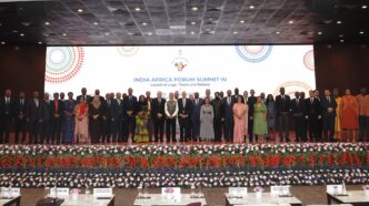 African ambassadors and representatives join Indian External Affairs Minister Dr S. Jaishankar at the launch of the logo, theme and website of the fourth India-Africa Forum Summit in New Delhi on April 23, 2026.