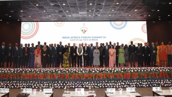 African ambassadors and representatives join Indian External Affairs Minister Dr S. Jaishankar at the launch of the logo, theme and website of the fourth India-Africa Forum Summit in New Delhi on April 23, 2026.