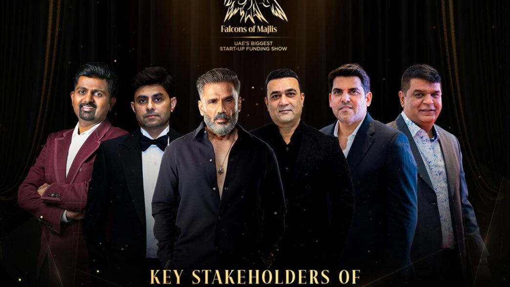 Falcons of Majlis principal investors Maqsood Mohammed, Dr. Dhiraj Kantilal Jain, Rakesh Mirchandani and Sanjay Dhawan pictured alongside mentor and Bollywood entrepreneur Suneil Shetty at the launch of the UAE's first trust-led startup investment platform in Dubai.