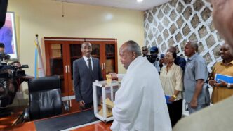 Djibouti's President Ismael Omar Guelleh casts his ballot during the Presidential elections at the City Hall polling centre in Ras-Dika district of Djibouti City in Djibouti April 10, 2026. REUTERS/Abdourahim Arteh