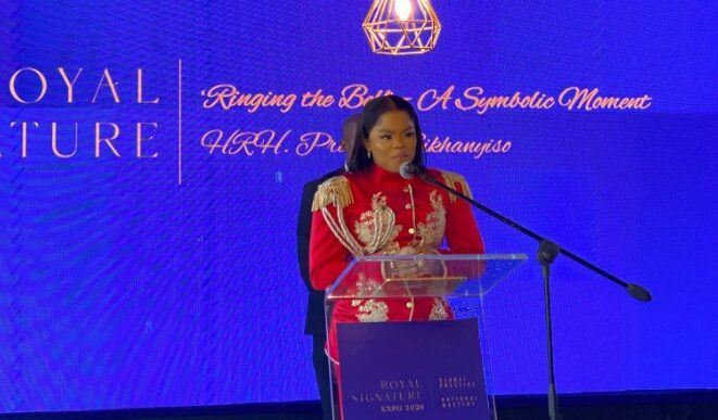 HRH Princess Sikhanyiso addresses guests at the launch of the Royal Signature Expo 2026, outlining the significance of the Mega Raffle and national investment opportunities.