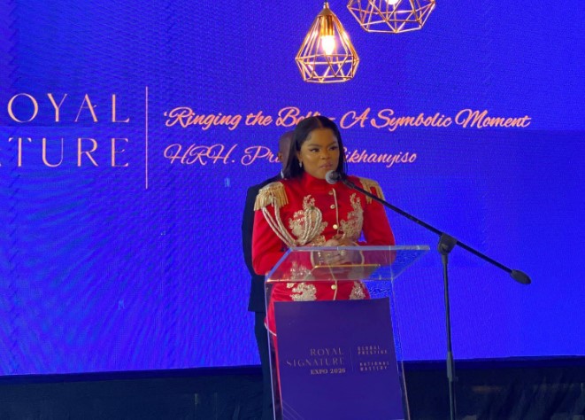 HRH Princess Sikhanyiso addresses guests at the launch of the Royal Signature Expo 2026, outlining the significance of the Mega Raffle and national investment opportunities.