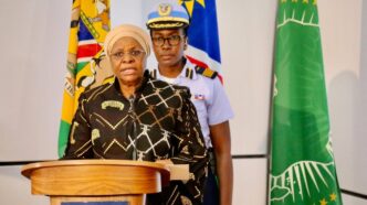 President Netumbo Nandi-Ndaitwah addresses the nation at State House in Windhoek after announcing new executive appointments on April 2, 2026.
