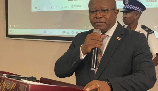 Honourable Minister of Commerce, Industry and Trade Manqoba Khumalo delivers his keynote address during the Eswatini Standards Seminar at Royal Villas