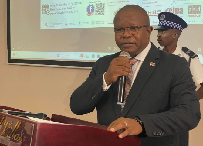 Honourable Minister of Commerce, Industry and Trade Manqoba Khumalo delivers his keynote address during the Eswatini Standards Seminar at Royal Villas