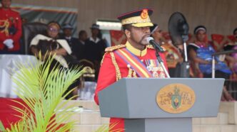 His Majesty King Mswati III addressing members of the Umbutfo Eswatini Defence Force during the 53rd Army Day celebrations held at Nokwane Defence Headquarters.