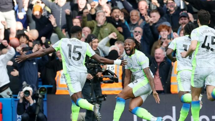 Marc Guehi celebrates with his Manchester City team mates after scoring the second goal in their 3-0 Premier League win over Chelsea at Stamford Bridge on Sunday.