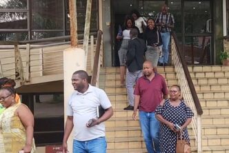 Public sector union delegates walk out of the Ministry of Public Service following the Joint Negotiations Forum meeting held on Monday, April 14, 2026, where the notching dispute between civil servants and the government was deliberated. Photo: Screengrab
