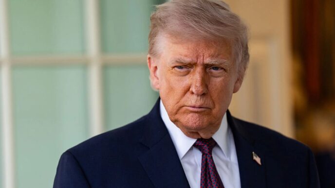 President Donald Trump speaks to members of the media outside the Oval Office at the White House in Washington, D.C., on April 13, 2026.Salwan Georges - Bloomberg via Getty Images